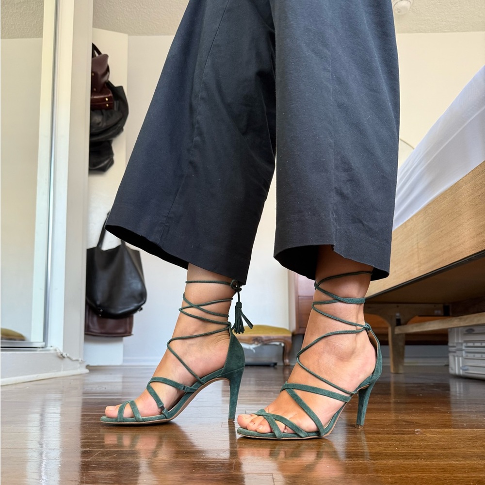 Suede Green Strappy Tie Wrap Heels